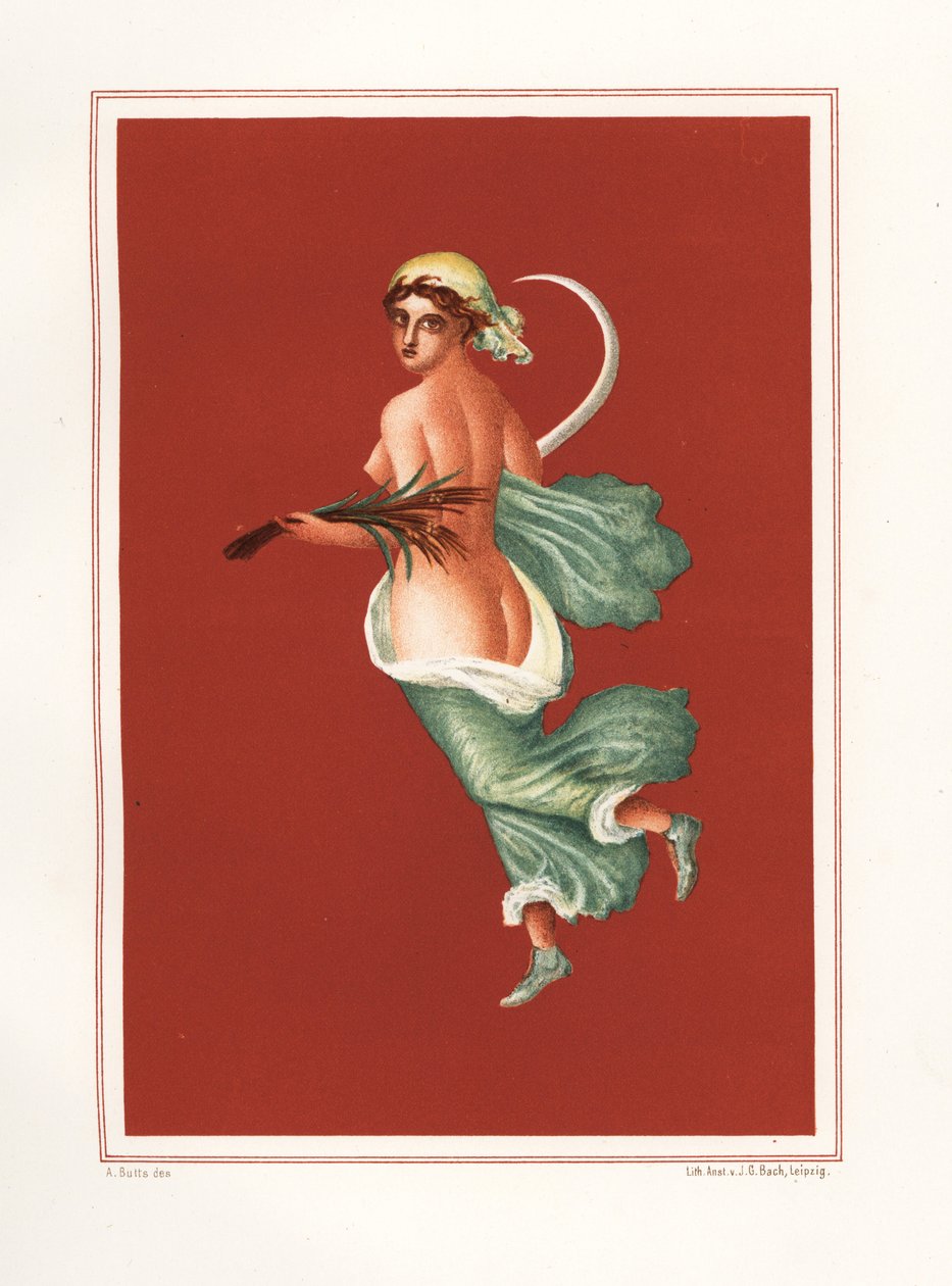 Alegorická nástěnná malba léta z východu z atria Regio IX.V.11. Nese srp a pšenici. Chromolitografie od Victora Steegera podle ilustrace Geremia Discanno z Emile Presuhna (1844-1878) Nejkrásnější obrazy Po od Geremia Discanno