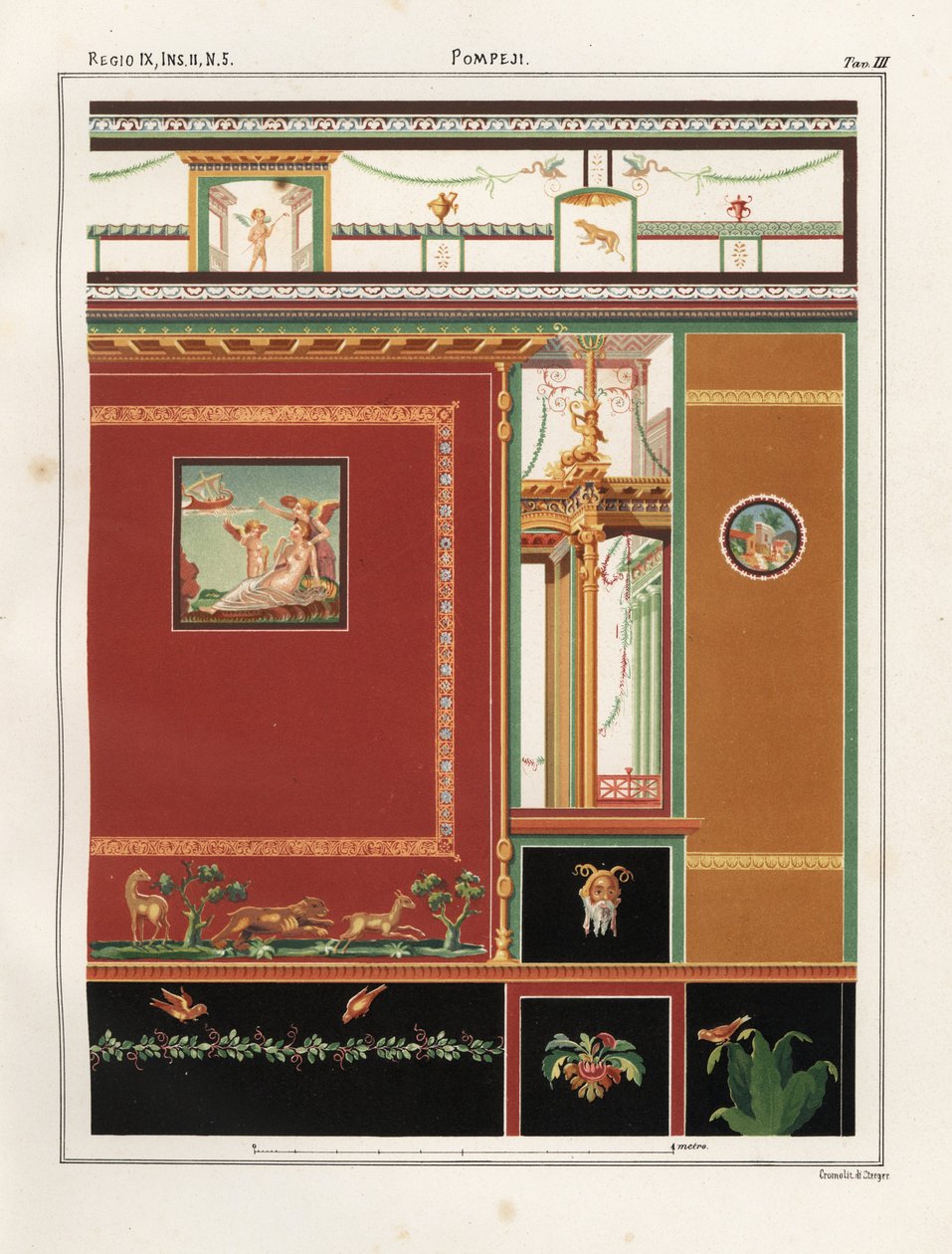 Ariadna sleduje Theseovu loď odplouvající z ostrova Naxos. Nástěnná malba z triklinia v obchodě/obydlí v Regio IX.II.5, Pompeje. Chromolitografie Victora Steegera podle ilustrace Geremia Discanno z Emile Presuhna (1844-1878) The Most Beau od Geremia Discanno