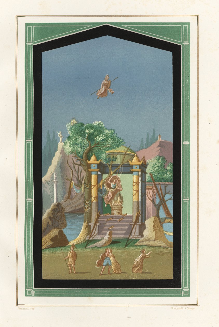 Krajinomalba z Exedry v Domě Vesonia Prima, plnější. Chromolitografie Victora Steegera podle ilustrace Geremia Discanno z Emile Presuhna (1844-1878) Nejkrásnější obrazy Pompejí, Lipsko od Geremia Discanno