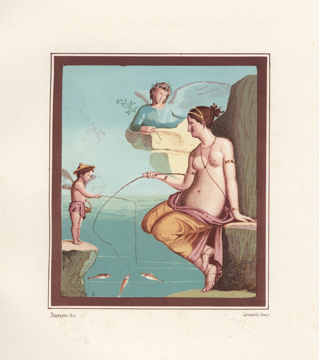 Nástěnná malba Venuše a Amor rybaření s pruty z moře. Nalezeno v Regio VI.XIV.28, Taberna Lusoria. Chromolitografie Victora Steegera podle ilustrace Geremia Discanno z Emile Presuhna (1844-1878) Nejkrásnější obrazy Pompejí, Lei od Geremia Discanno