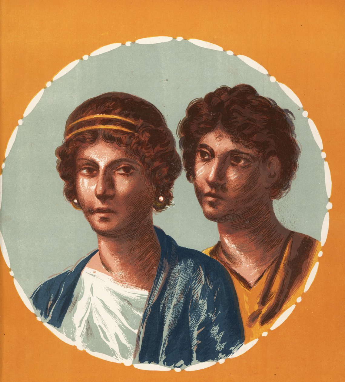 Muotokuva miehestä ja naisesta tuntemattomasta talosta Pompejissa. Victor Steegerin kromolitografia Geremia Discannon kuvituksesta Emile Presuhnista (1844-1878) Pompejin kauneimmat maalaukset, Leipzig od Geremia Discanno