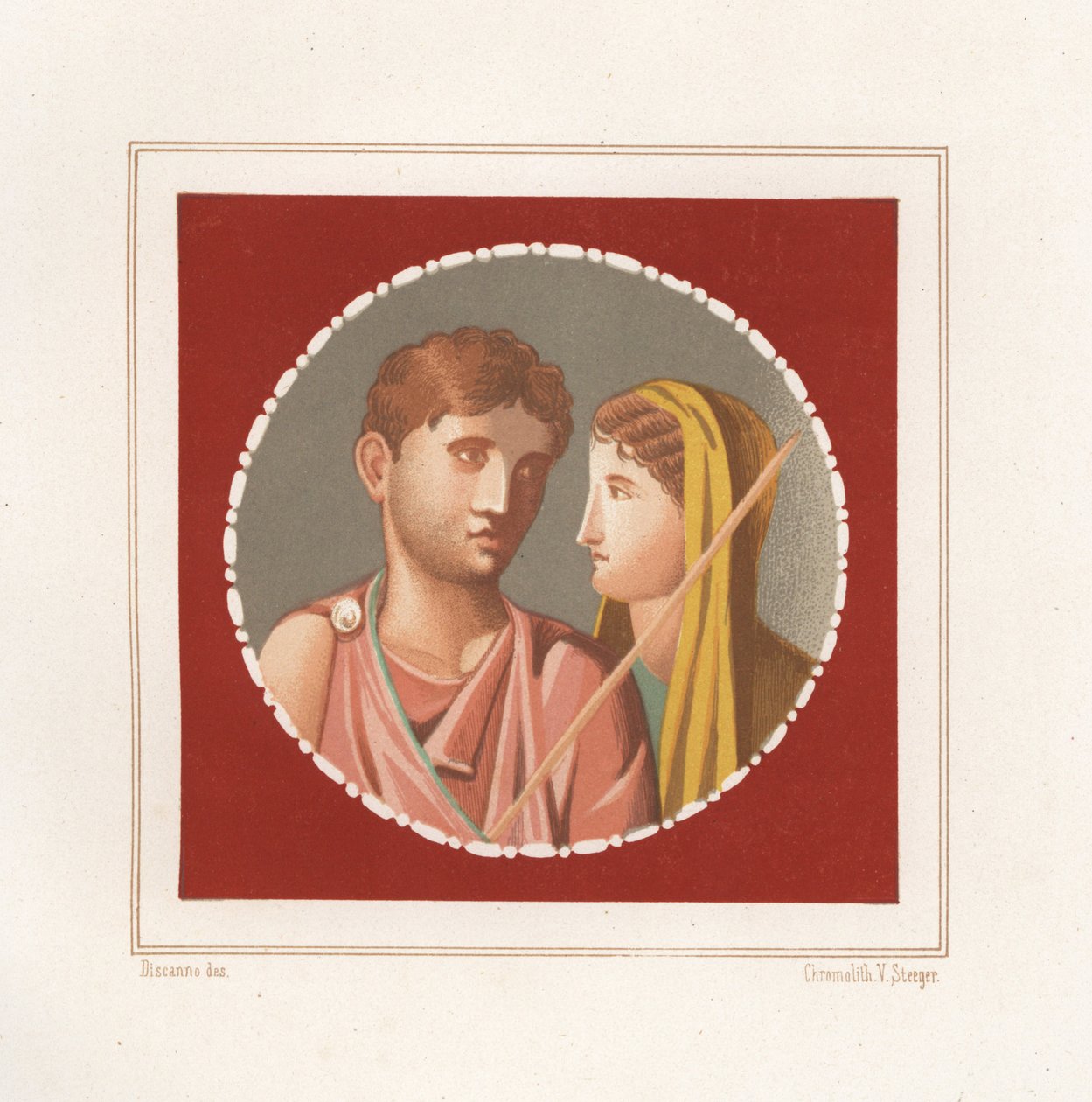 Portrét muže a ženy z neznámého domu v Pompejích. Chromolitografie Victora Steegera podle ilustrace Geremia Discanno z Emile Presuhna (1844-1878) Nejkrásnější obrazy Pompejí, Lipsko od Geremia Discanno