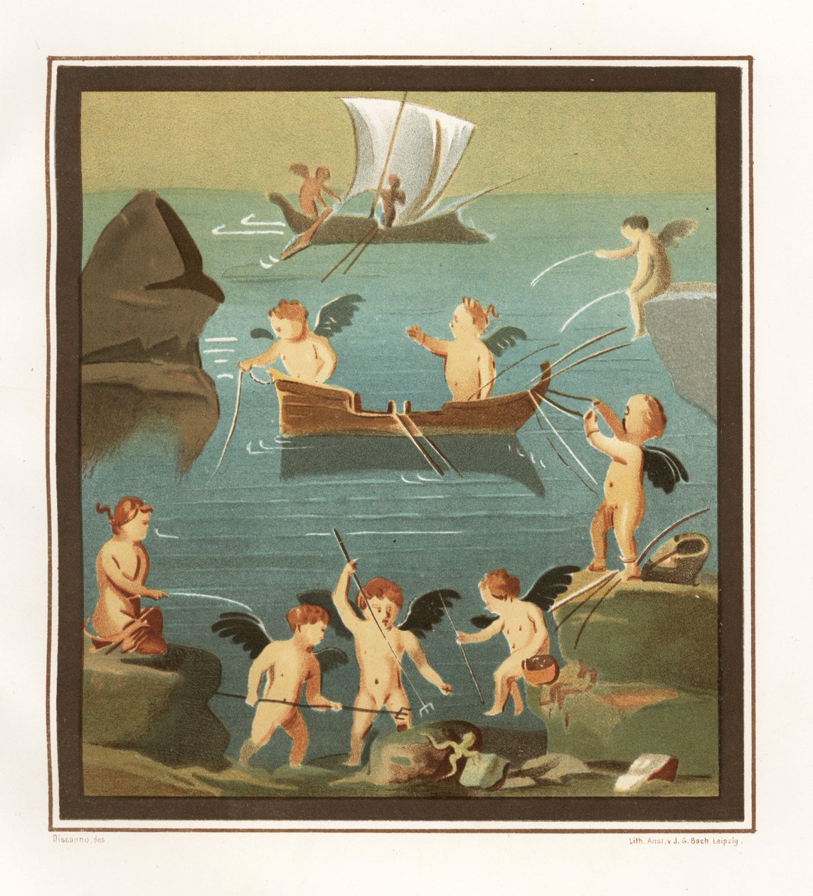Nástěnná malba amorů hrajících si, rybaření, plavba z krychle v Domě restaurace (Casa di Lupanare Piccolo) 14, Regio IX, Insula V. Chromolitografie J.G. Bach podle ilustrace Geremia Discanno od Emile Presuhna (1844-1878) T od Geremia Discanno