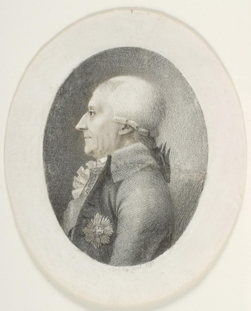 Portrét A.P. Bernstorff, hrabě, předseda vlády (1735-1797). Obrázek poprsí. Profil vlevo od Gerhard Ludvig Lahde