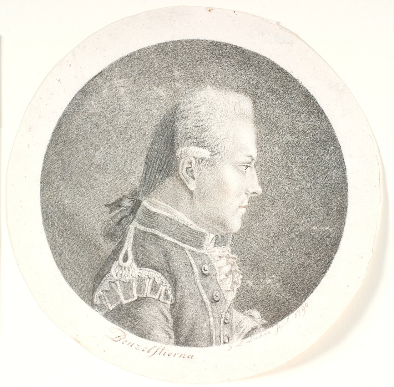 Portrét Larse Benzelstjerne, švédského námořního důstojníka (1759-1808). Obrázek poprsí. Profil vpravo od Gerhard Ludvig Lahde