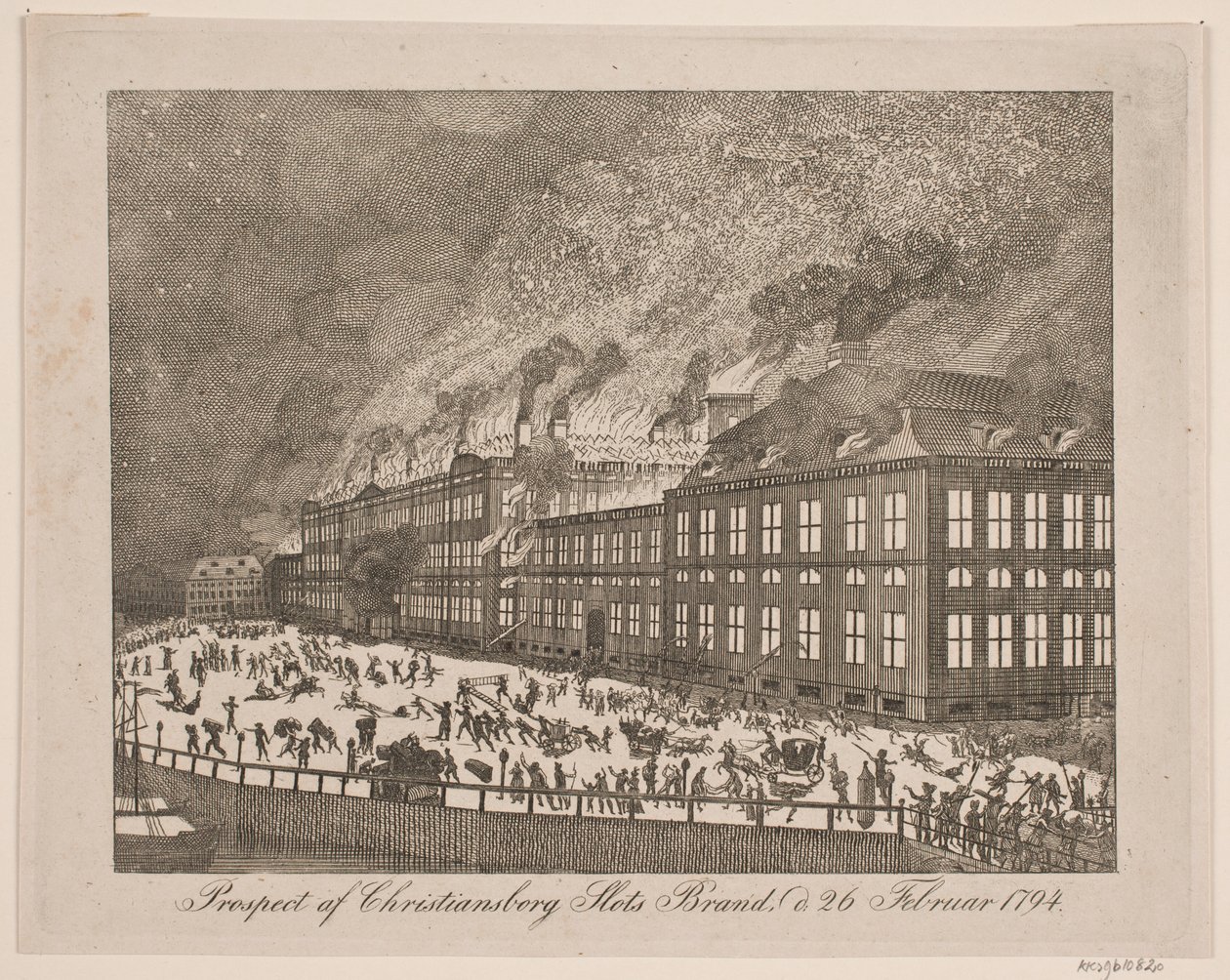 Prospekt požáru hradu Christiansborg dne 26. února 1794 od Gerhard Ludvig Lahde