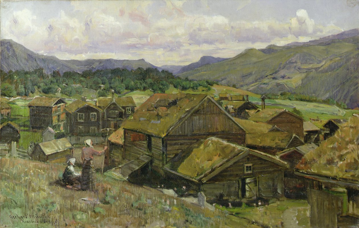 Norská vesnice se dvěma ženami (olej na plátně) od Gerhard Peter Frantz Vilhelm Munthe
