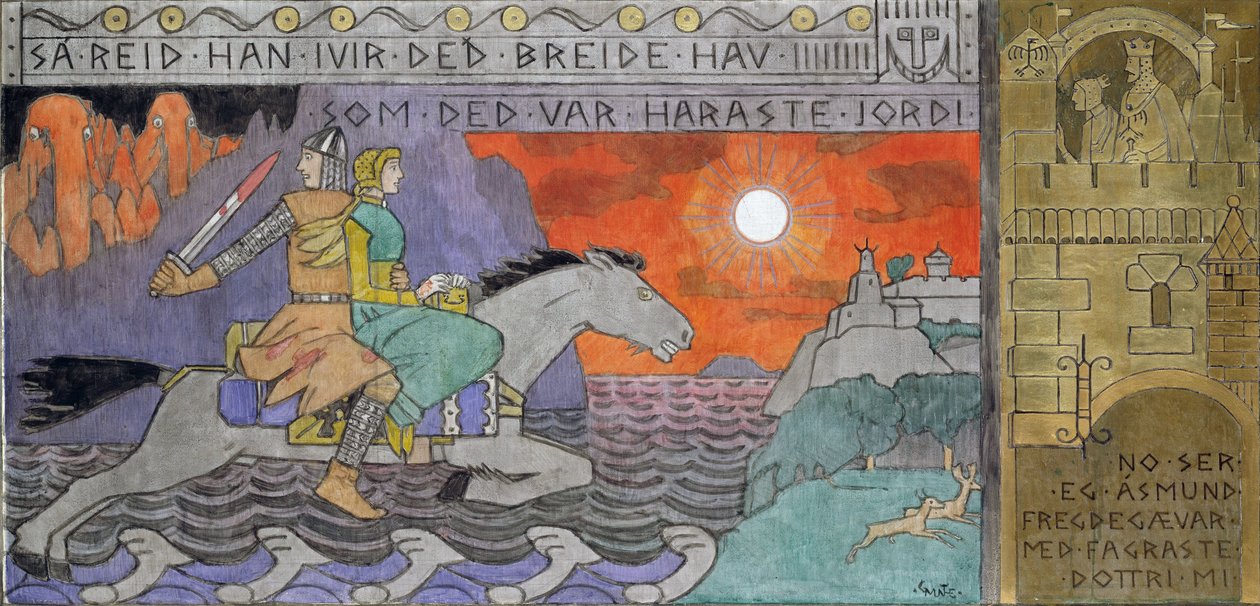 Asmund a princezna na koni Domov - Munthe, Gerhard (1849-1929) - 1902-1904 - Olej na plátně - 62x126,5 - Národní muzeum umění, Oslo od Gerhard Peter Frantz Vilhelm Munthe