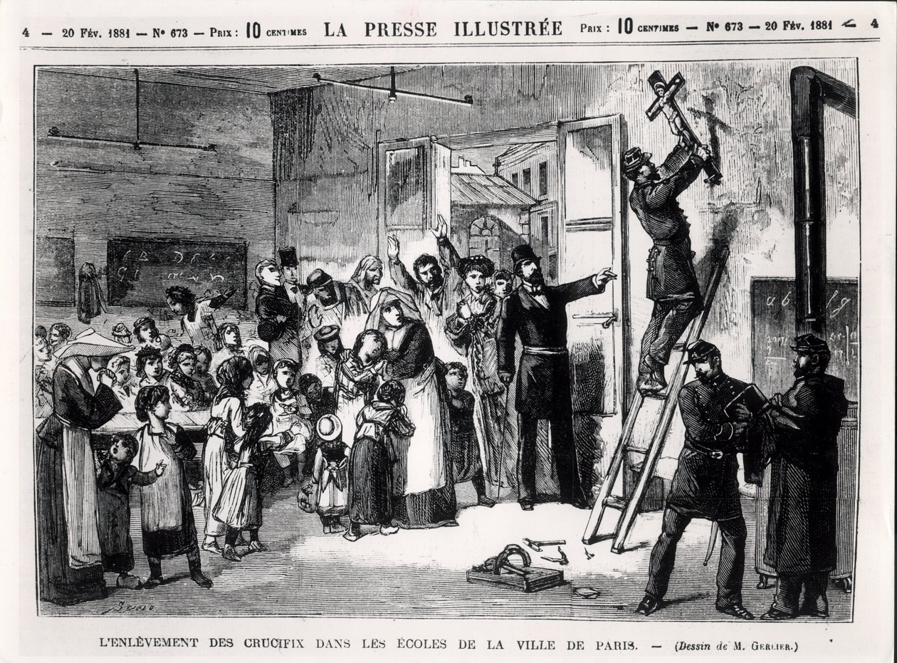 Odstraňování krucifixů z pařížských škol, z "La Presse Illustree", 20. února 1881. od Gerlier