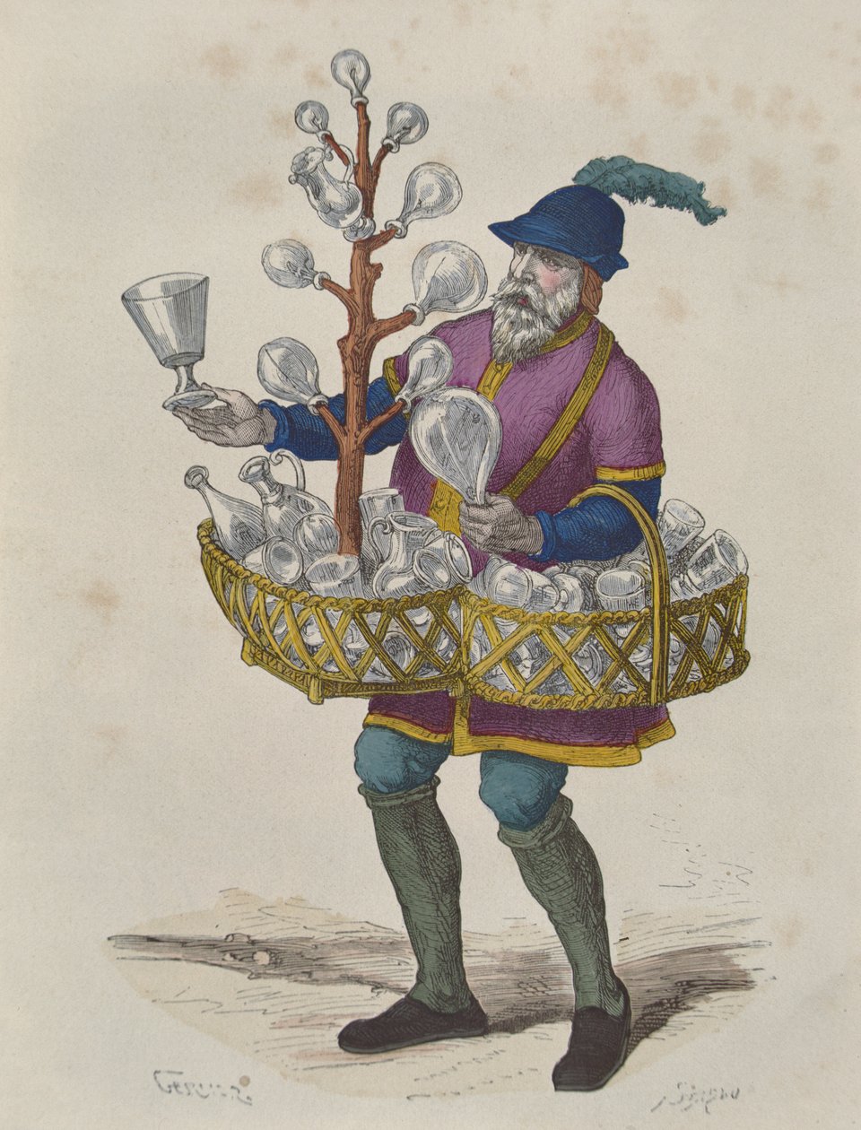 Prodejce skla a křišťálu v 15. století, z Costumes de Paris a Travers les Siecles z roku 1887 (barevná rytina) od Gerlier