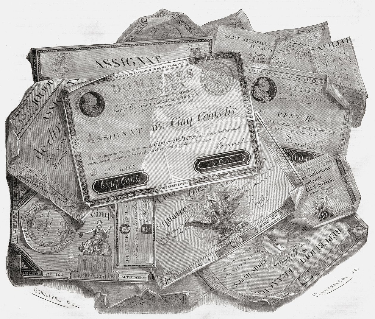 Talíř asignátů, vyrytý Stephanem Pannemakerem (1847-1930) z „Histoire de la Revolution Francaise“ od Louise Blanca (1811-82) od Gerlier