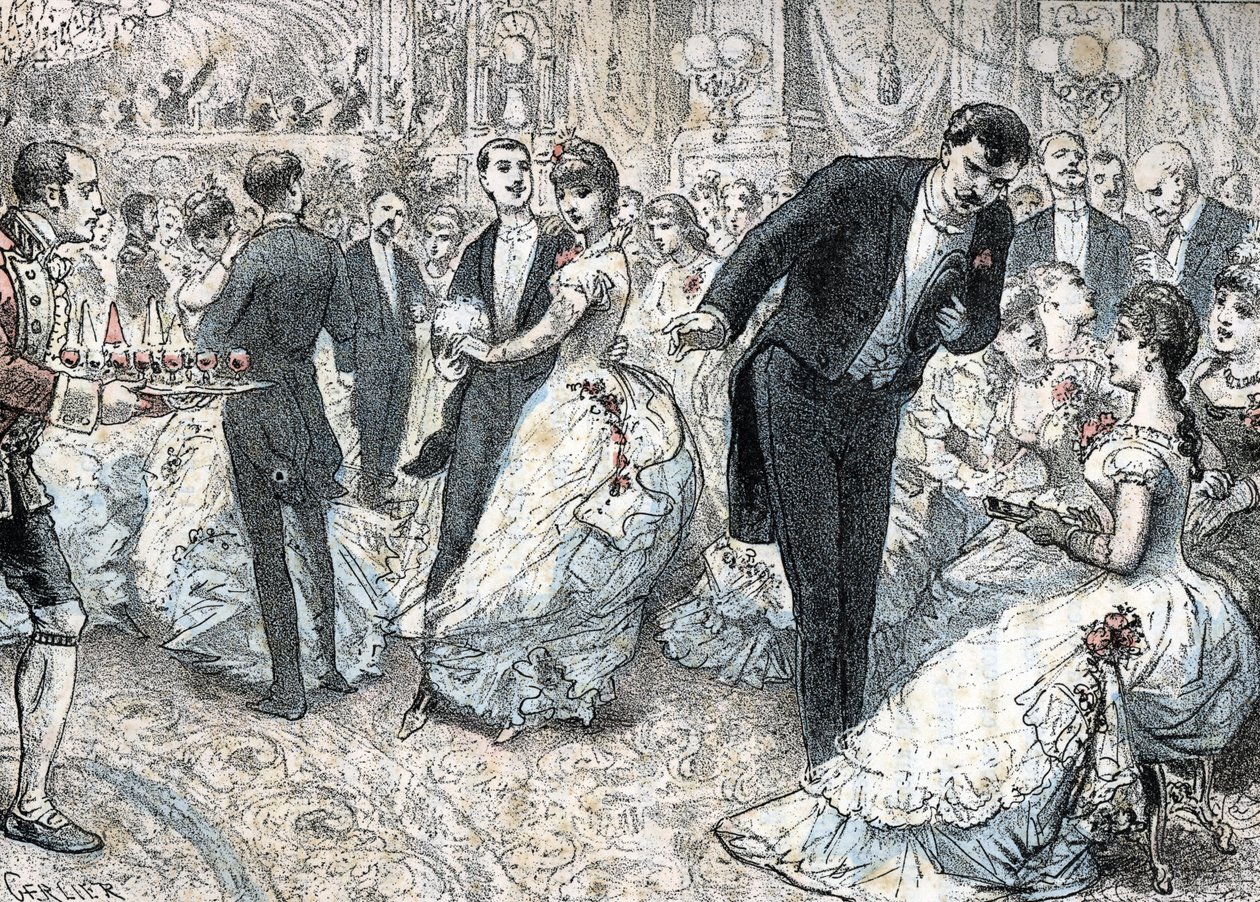 Yhteiskunta ja sosiaalinen elämä: pallo noin 1880 (High Society and social life: the ball) kaiverrus Rengaden teoksesta "The Needs of Life" od Gerlier Gerlier