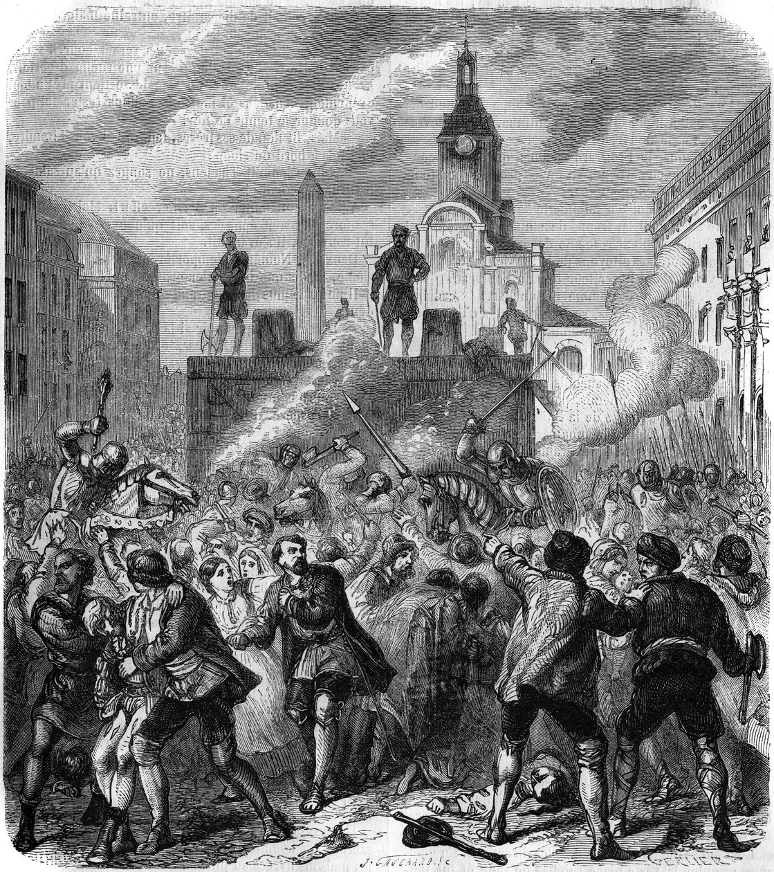 Stockholmské krveprolití, masakry švédských vůdců národního odporu nařízené dánským králem Kristiánem II., 8. listopadu 1520: armáda se snaží uklidnit hněv obyvatelstva, nuceného přihlížet popravám. Gravírování Gerlier od Gerlier Gerlier