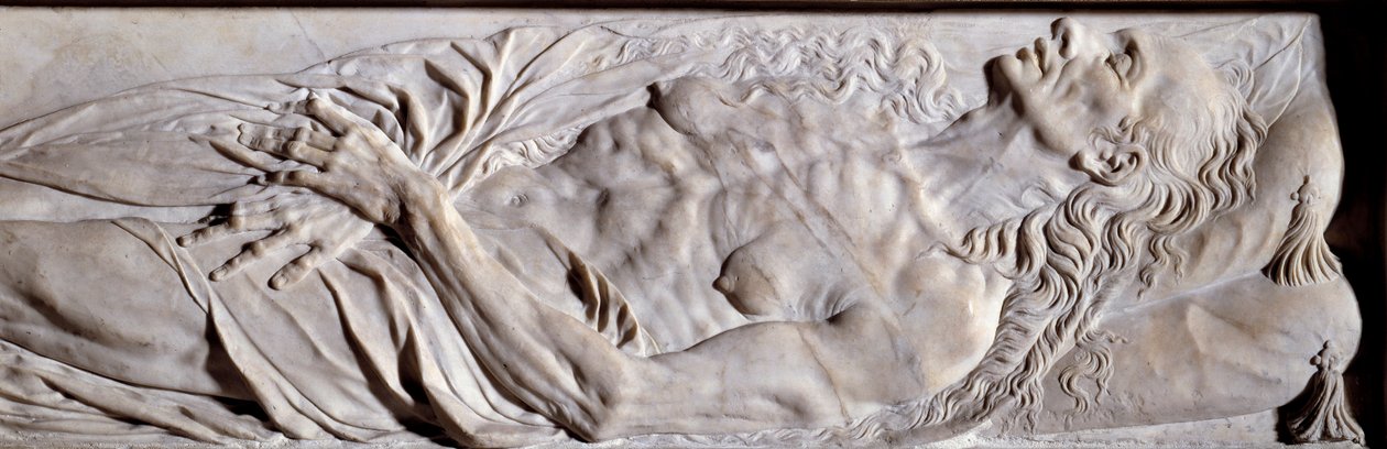 Prvky pohřebního pomníku Valentine Balbianiho (1518-1572), manželky René de Birague. Nízký reliéf v mramoru od Germain Pilon