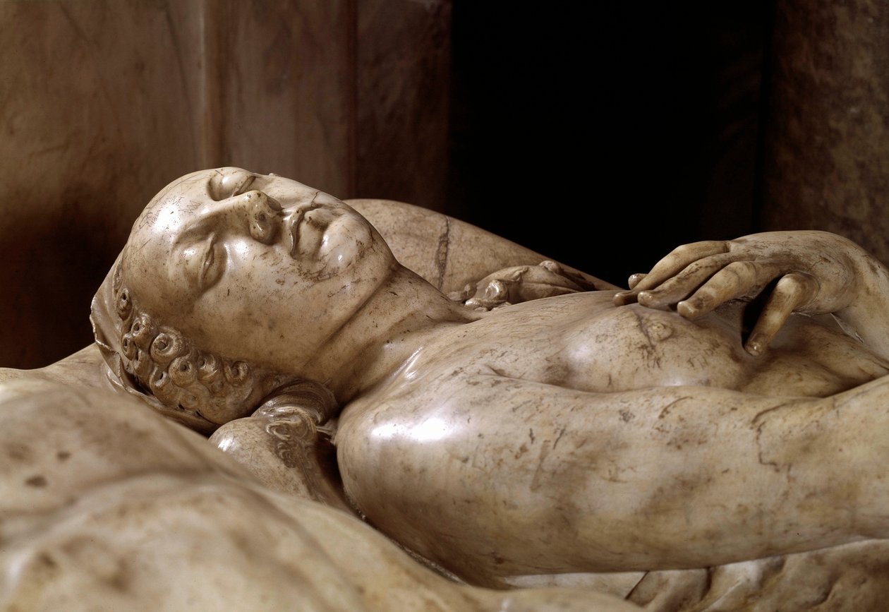 Pohřební pomník Jindřicha II. (1519-1559) a Kateřiny Medicejské (Caterina de Medici) (1519-1589) vyrobený z mramoru Germainem Pilonem (1535-1590). Detail francouzské královny. 1563-1572. Nachází se v Rotonde des Valois známé také jako kaple des Valois. Bas od Germain Pilon