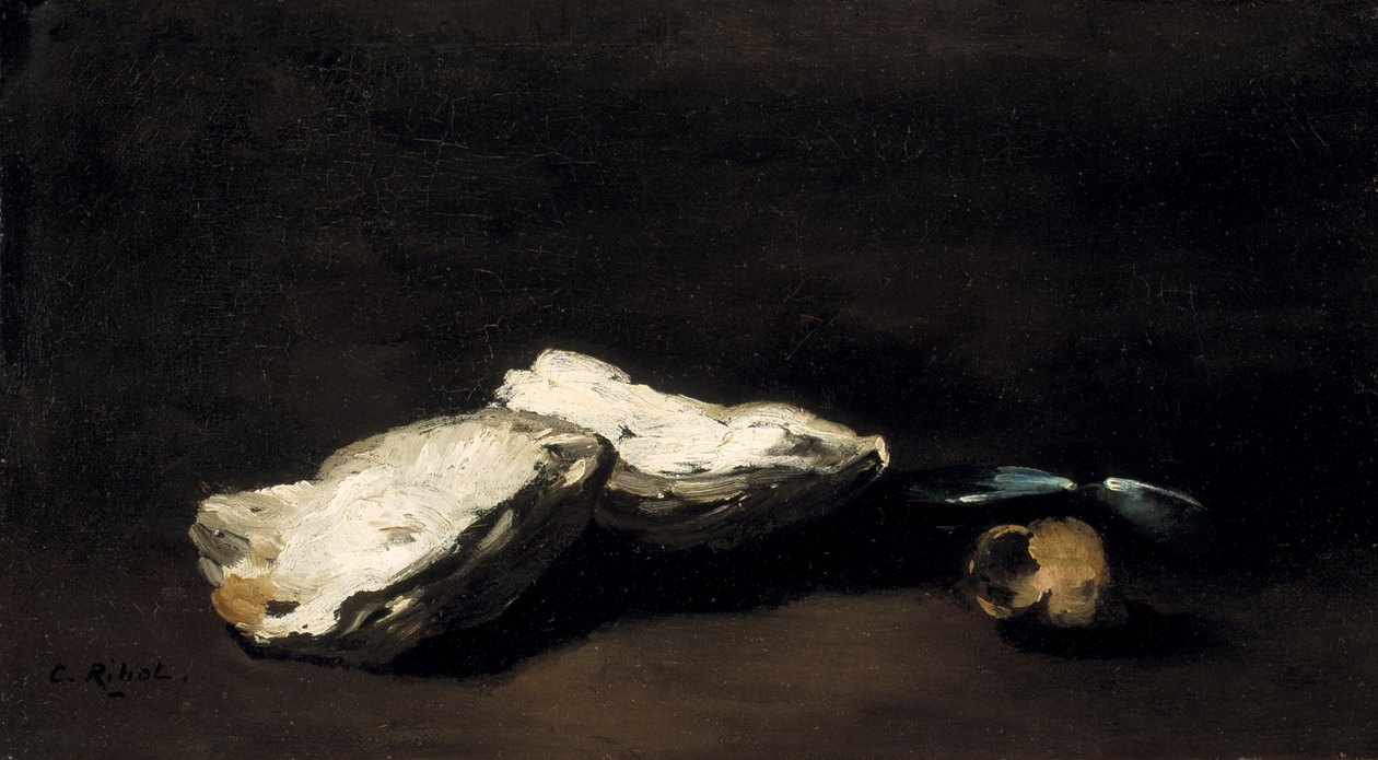 Na stole ústřice, dvě mušle a šnek. od Germain Ribot
