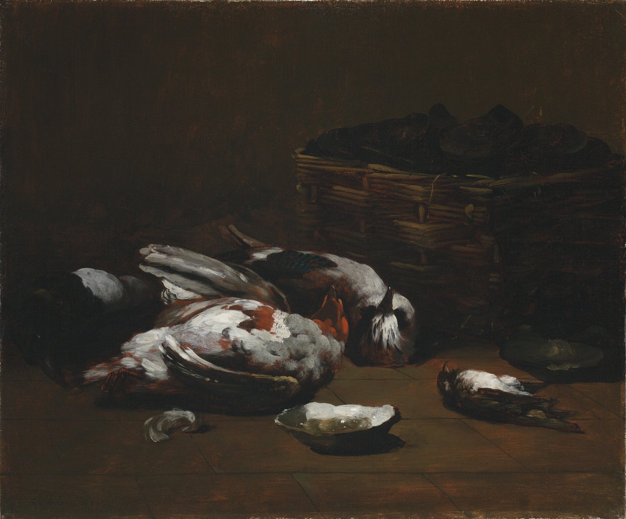 Zátiší s mrtvými ptáky a košíkem ústřic, c. 1860 - 1880. od Germain Ribot