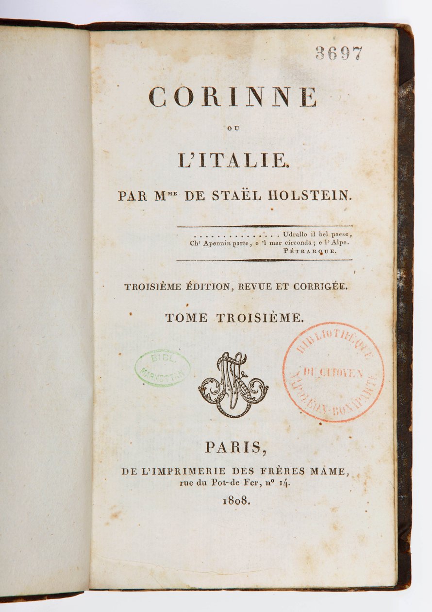 Titulní list Corinne ou lItalie, 3. přepracované a rozšířené vydání, 3. díl, Imprimerie des Freres Mame, Paříž, 1808 (tištěný papír) od Germaine de Stael