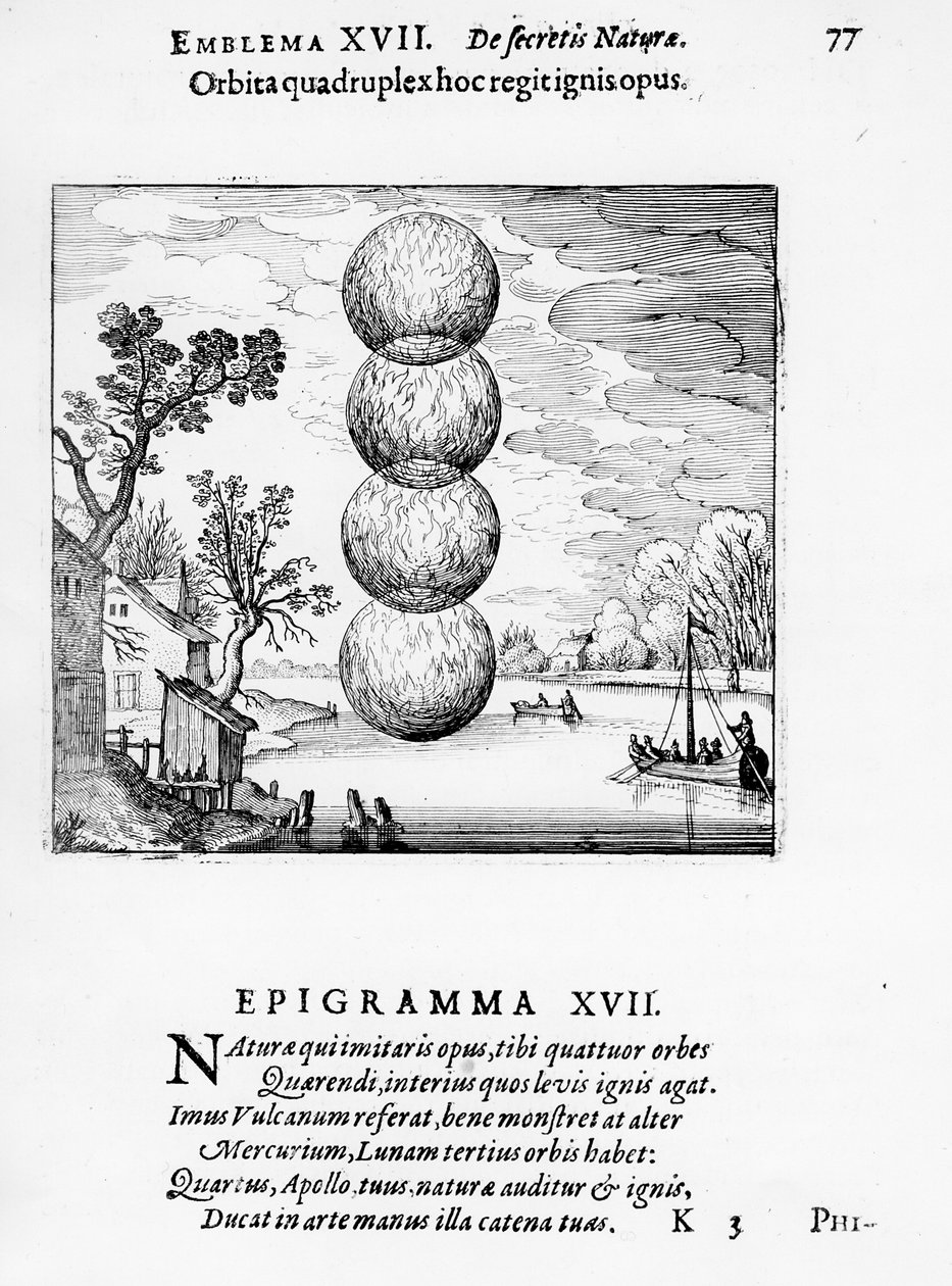 „Čtyřnásobné kolo vládne tomuto ohnivému dílu“, znak XVII z „Atlanta Fugiens“ od Michaela Maiera, 1617 od German School