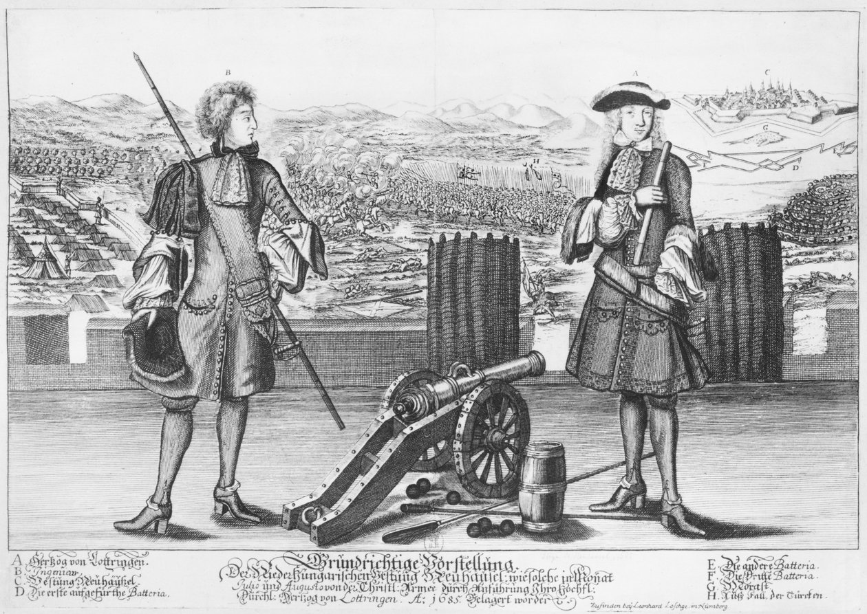 Karel V., vévoda z Lotrinska a Baru, s inženýrem, v bitvě u Neuhauselu proti Turkům v červenci a srpnu 1685 od German School