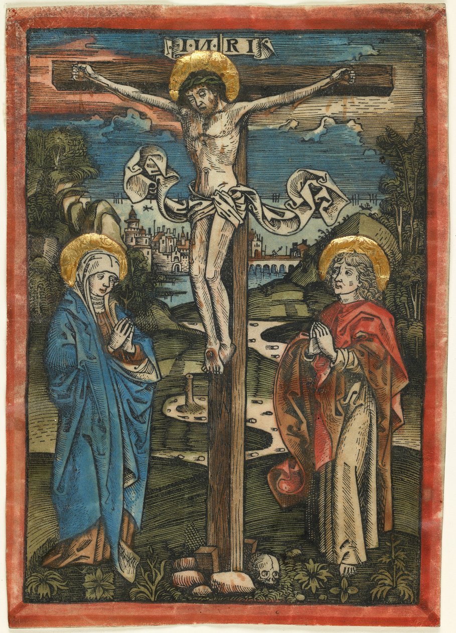 Kristus na kříži s Marií a svatým Janem, z Missale Defunctorum, kolem roku 1499 (ručně kolorovaný dřevoryt na pergamenu) od German School