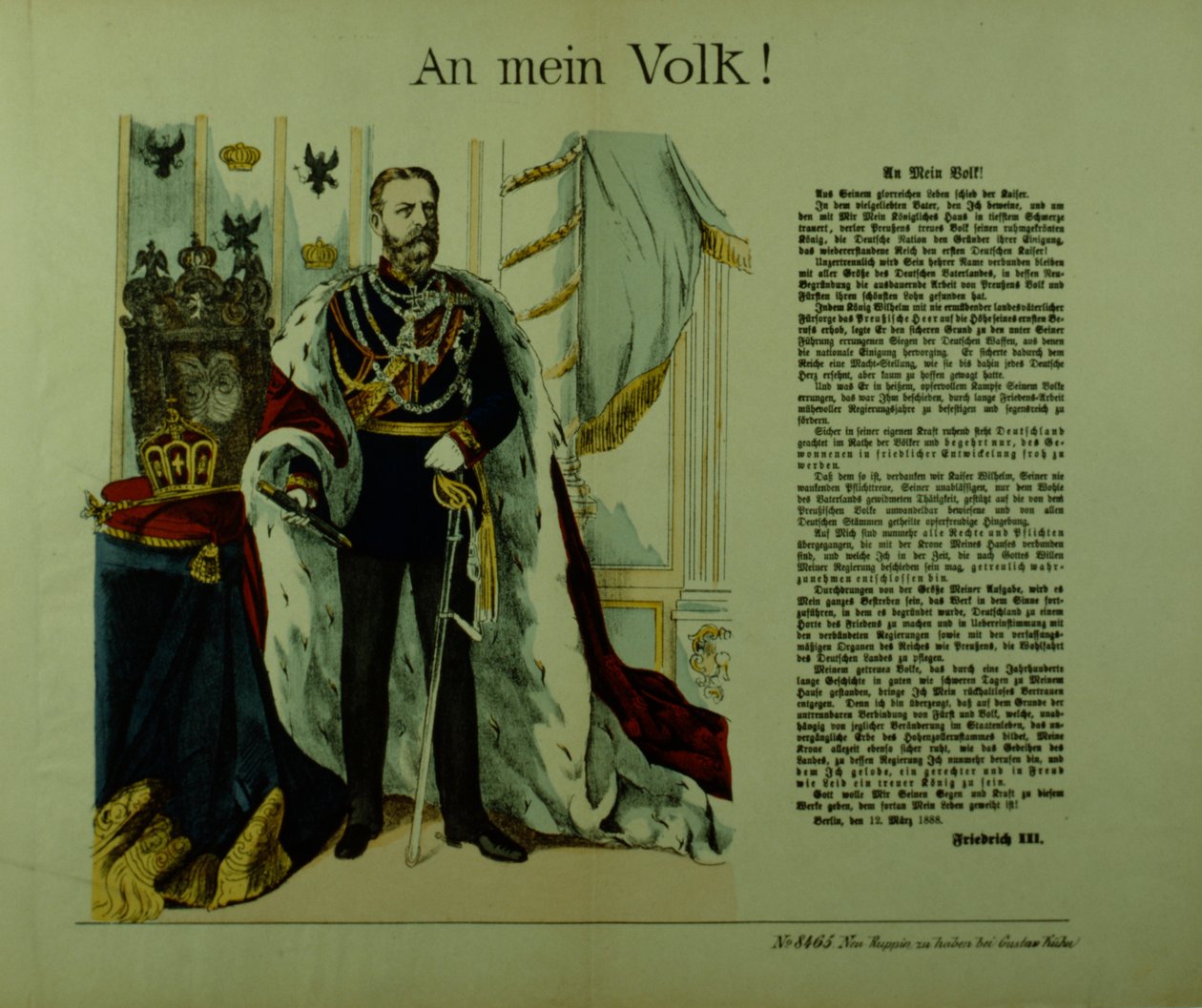 Kopie prohlášení Fridricha III. poddaným, 12. března 1888. od German School