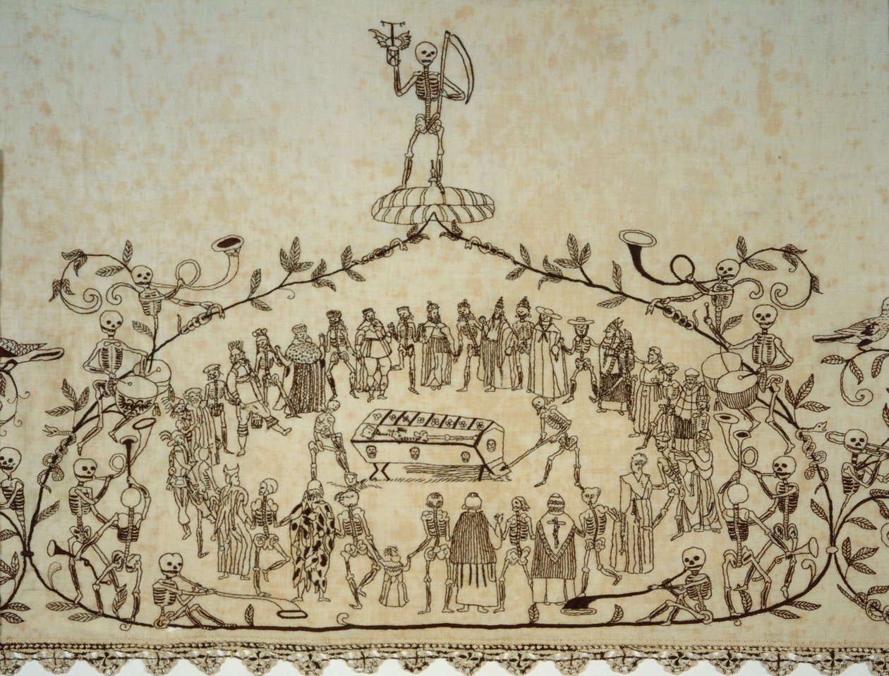Detail rubáše Kassler Totentanztuch, 1635-37 (len, hedvábí a krajka) od German School