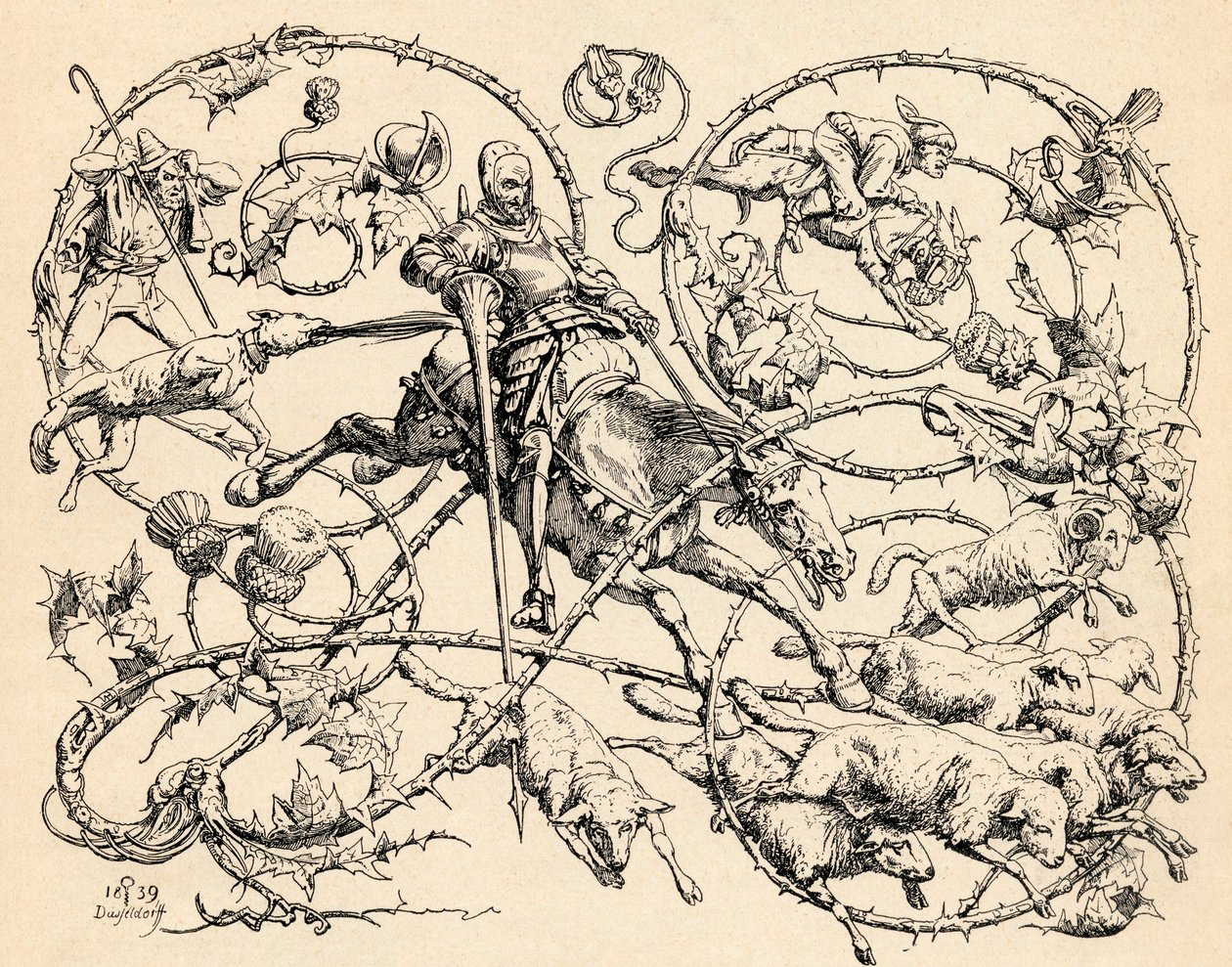 Don Quijote bojující se stádem ovcí a spletl si je se dvěma armádami, 1839, z „The Garden Arbor Family Journal“, vydaný v roce 1905 od German School