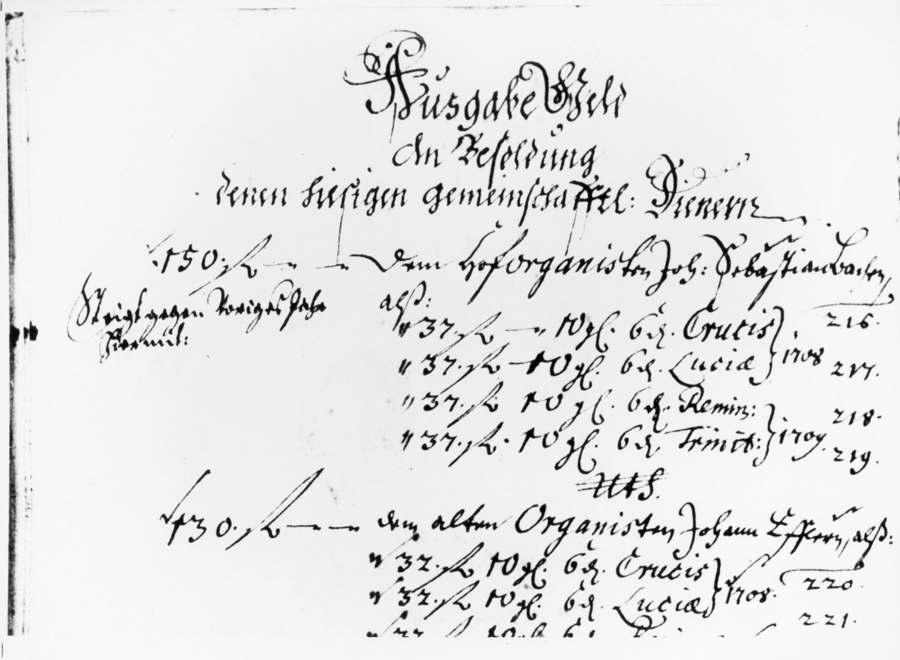 Úryvek z knihy J.S. Bachova výplata mzdy za 1708-09 (pero na papíře) od German School