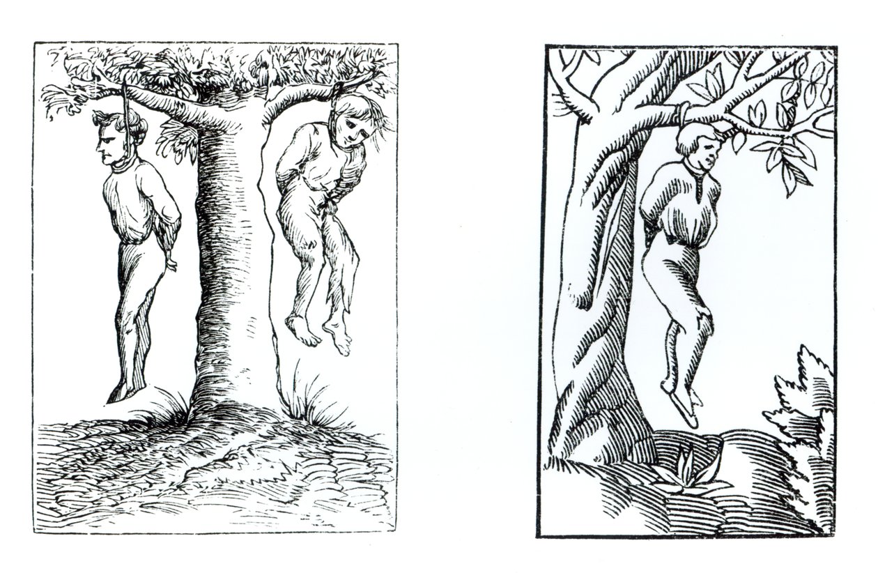 Vykonání rozsudků Tajného tribunálu podle dřevorytů v Cosmographie Universelle of Munster, publikovaném 1552 od German School
