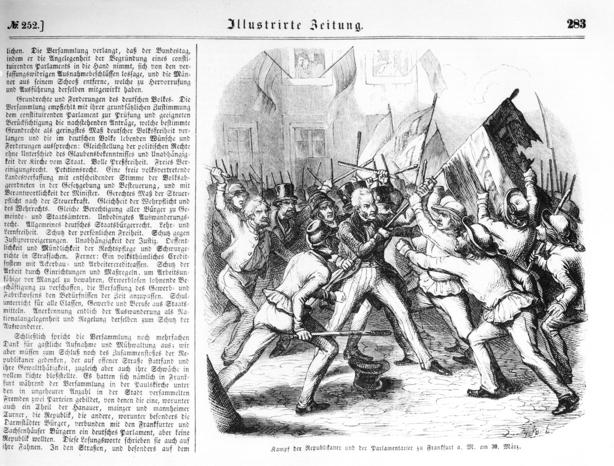 Boj mezi republikány a členy parlamentu ve Frankfurtu nad Mohanem 30. března 1848, ilustrace z 