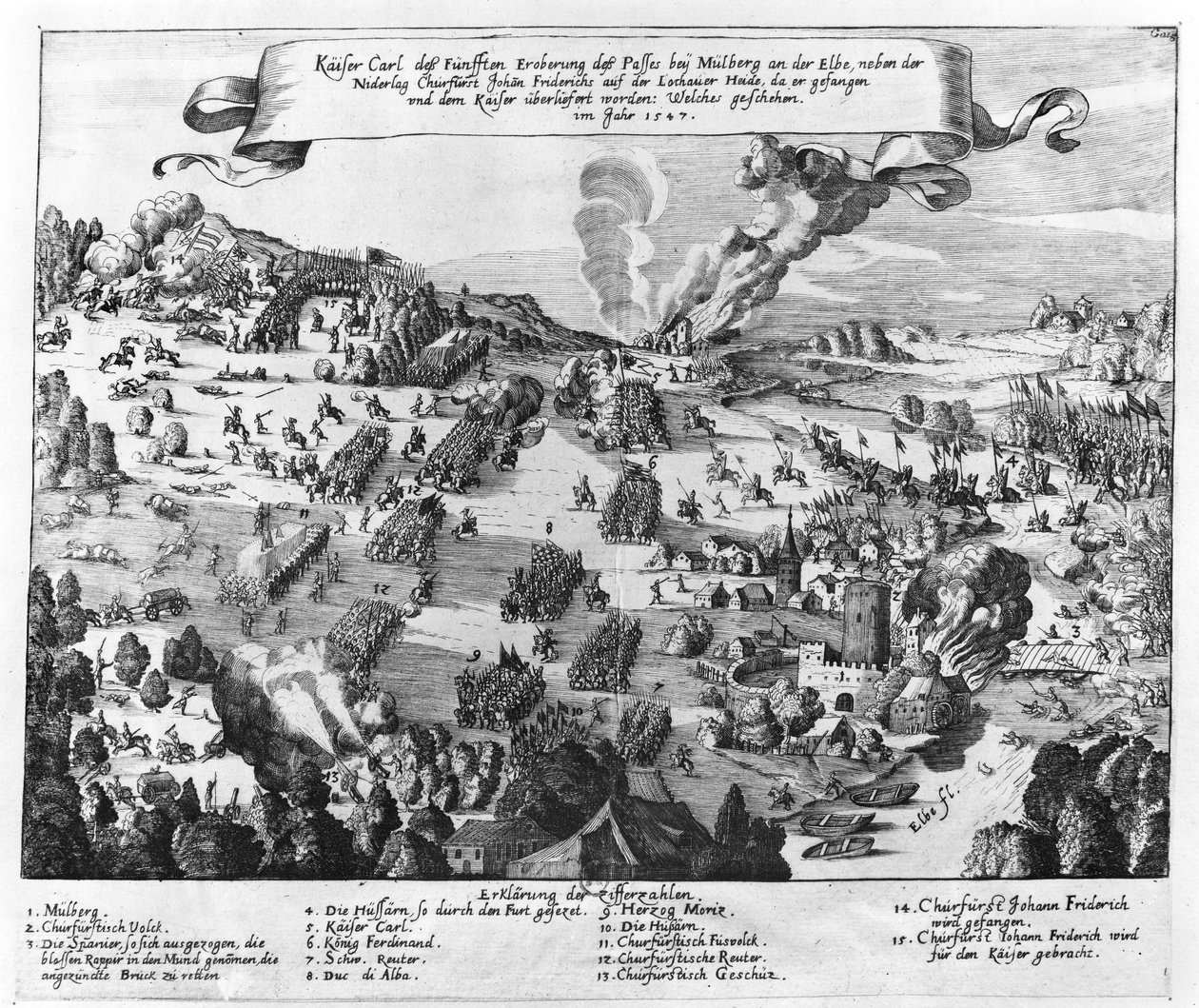 Celkový pohled na bitvu u Mühlbergu, 24. dubna 1547 od German School