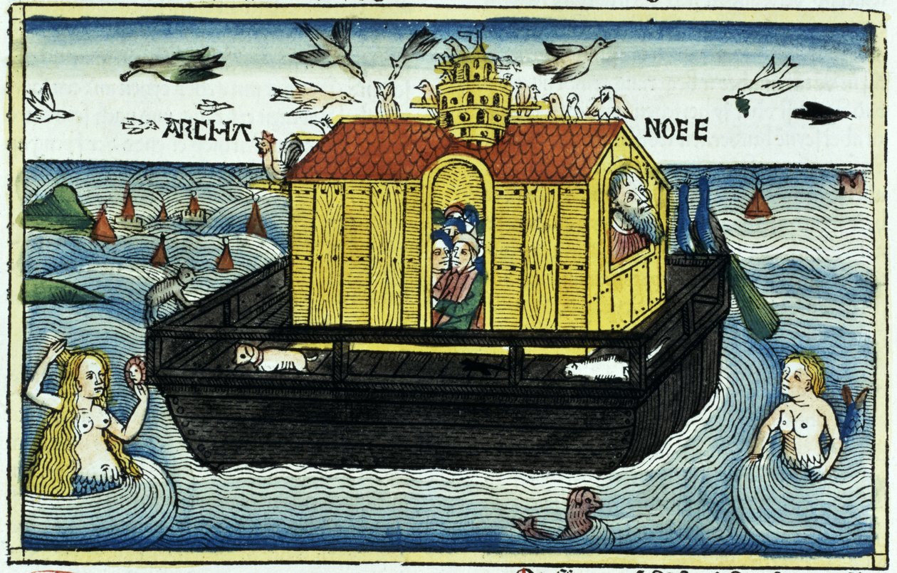 Genesis 6:11-24 Noemova archa, z norimberské bible (barevný dřevoryt) od German School