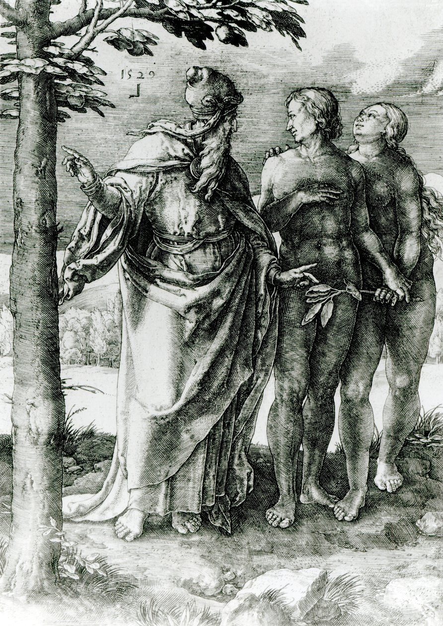 Bůh ukazuje Adamovi a Evě Strom života v zahradě Eden, 1529 od German School