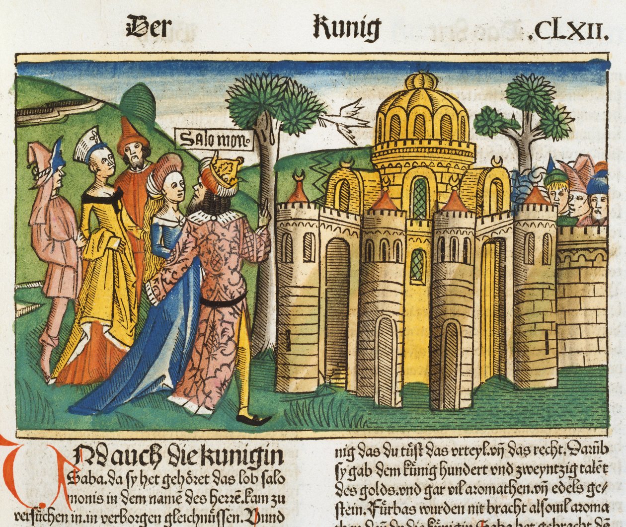 I Kings 10 1-13 Královna ze Sáby navštěvuje Šalamouna, z norimberské bible (Biblia Sacra Germanaica) (barevný dřevoryt) od German School