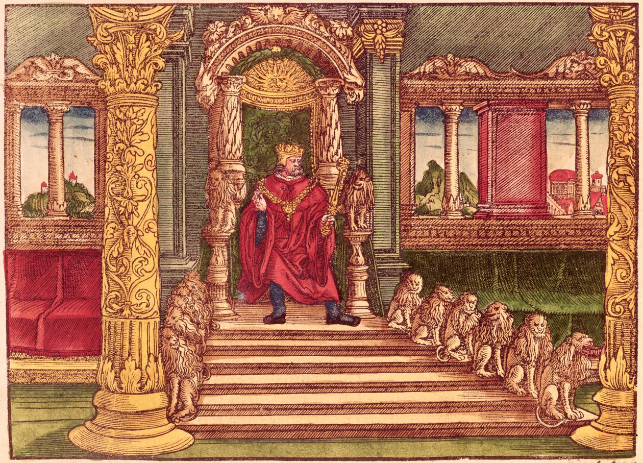 Král Šalamoun na svém trůnu, 1. vydání, z Lutherovy bible, kolem roku 1530 (barevný dřevoryt) od German School