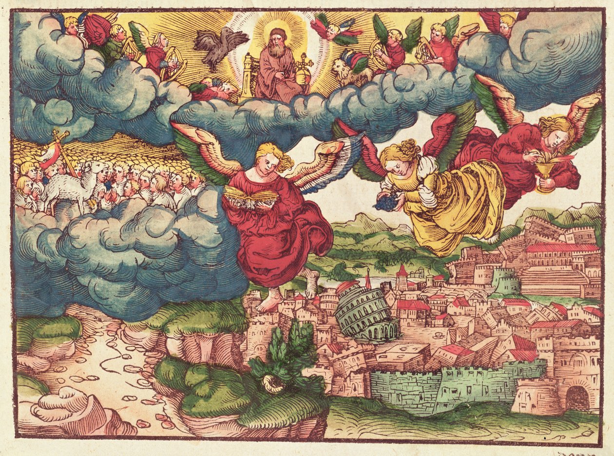 Poslední soud, z Lutherovy bible, kolem roku 1530 (barevný dřevoryt) od German School