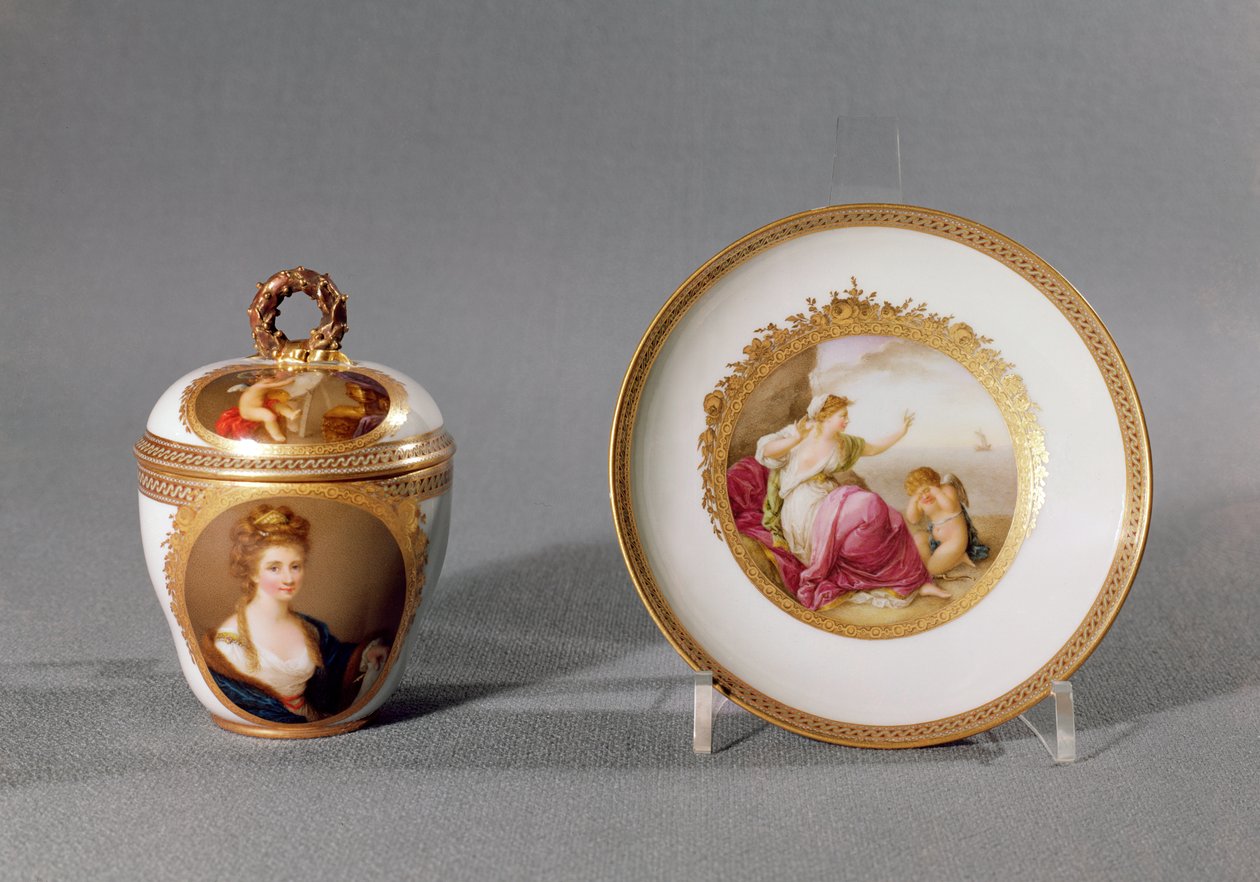 Míšeňský šálek, poklice a podšálek, maloval Angelica Kauffmann (1741-1807) (porcelán) od German School