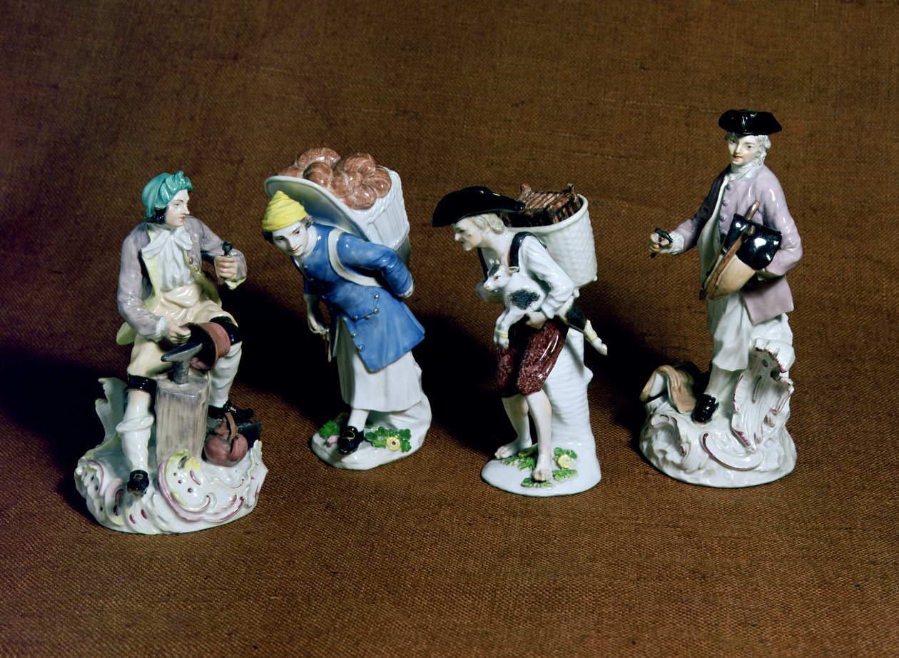 Míšeňské figurky: sedlář, prodavač koz a měditepec, model Johann Joachim Kandler (1706-75) a pekař Peter Reinicke (1715-68), kolem 1750 (porcelán) od German School