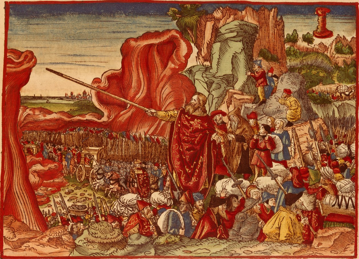Mojžíš rozdělující Rudé moře, obraz z Lutherovy bible (ručně kolorovaný tisk) od German School