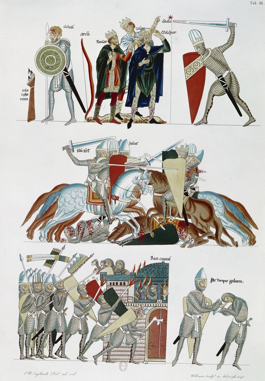 Ms Facs 227 pl.3 The Magi, Battle of Joshua and Siege of Dan, z Hortus Deliciarum od Herrade de Landsberg, faksimile kopie rukopisu z 12. století (pero, inkoust a wc na papíře) od German School