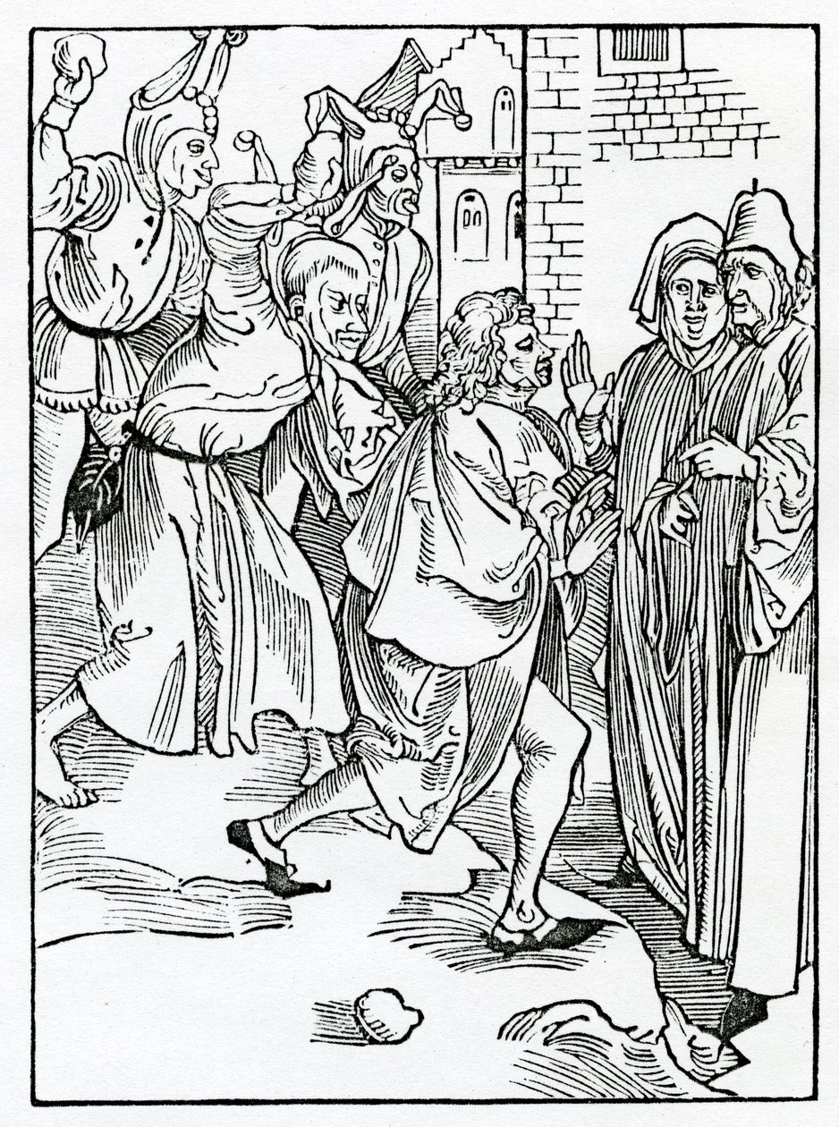 Ilustrace zesměšňovačů, posměvačů a falešných žalobců, ilustrace z anglického překladu Alexandra Barclaye „Loď bláznů“, z vydání vydaného v roce 1874 od German School