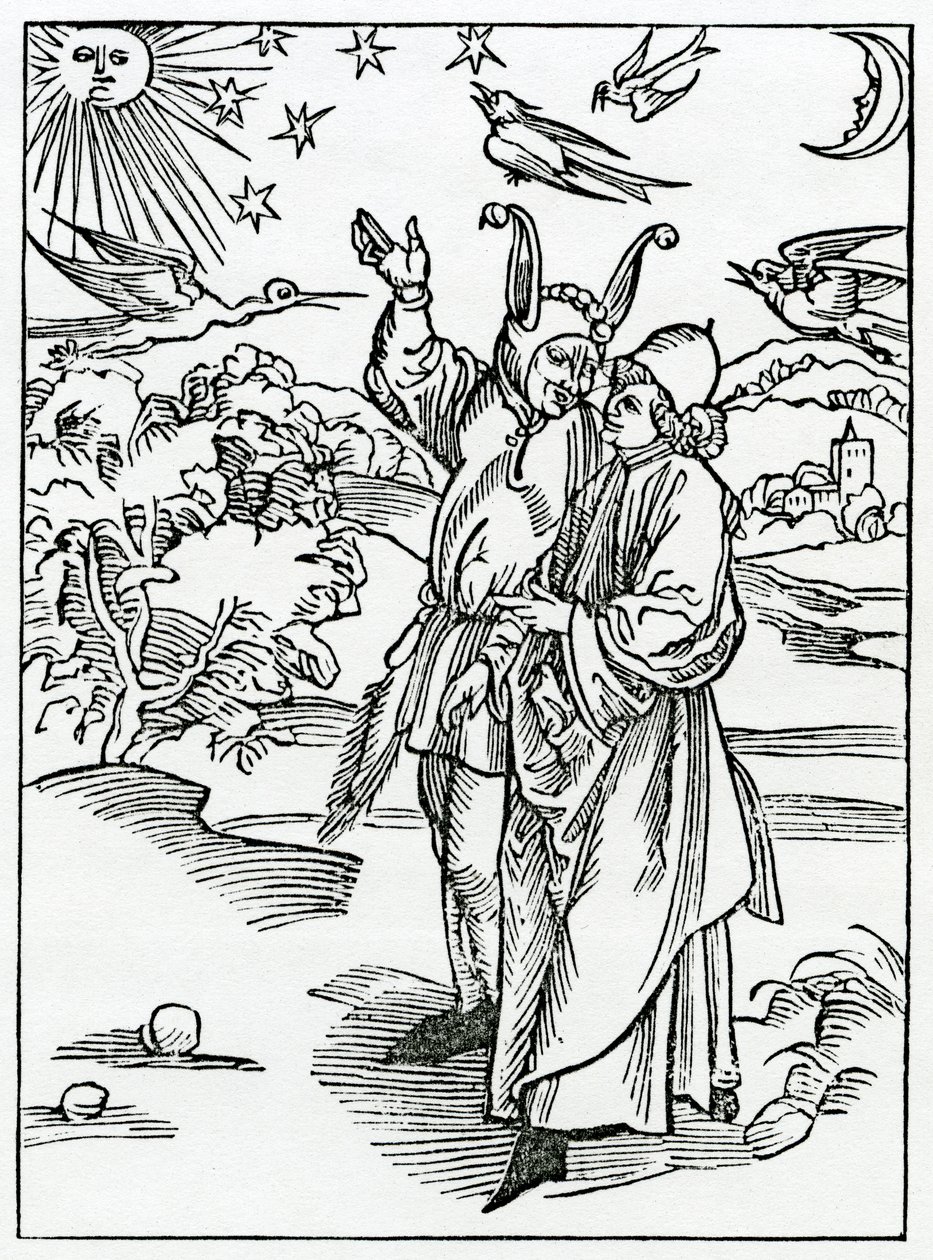 O léčbě astronomie, ilustrace z anglického překladu knihy Alexandra Barclaye "The Ship of Fools", z vydání z roku 1874. od German School