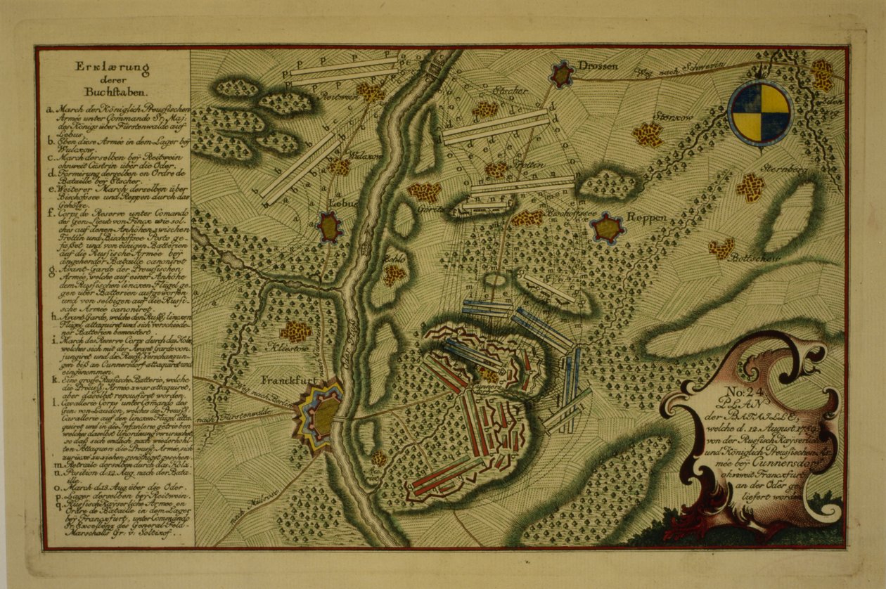Plán bitvy u Kunersdorfu, 12. srpna 1759, 1759 (pero a inkoust na papíře) od German School