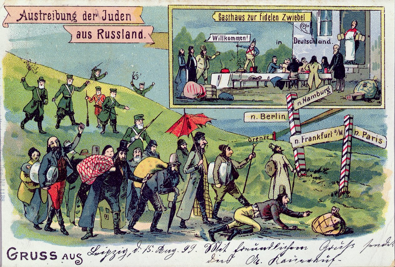 Pohlednice zobrazující vyhnání Židů z Ruska a jejich přivítání v Německu, 1899 od German School