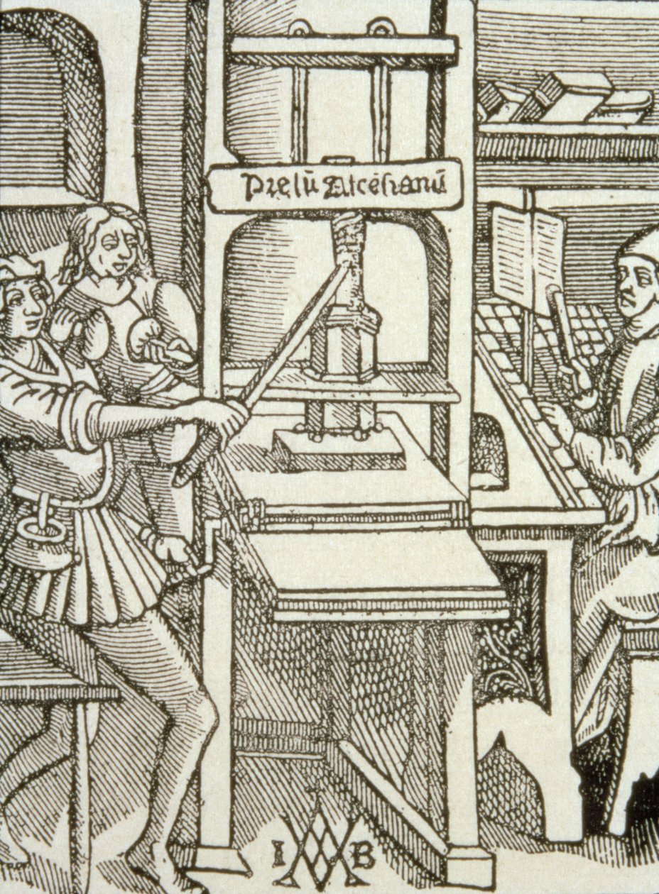 Tiskařský lis z roku 1498, z knihy vytištěné v tomto roce od German School