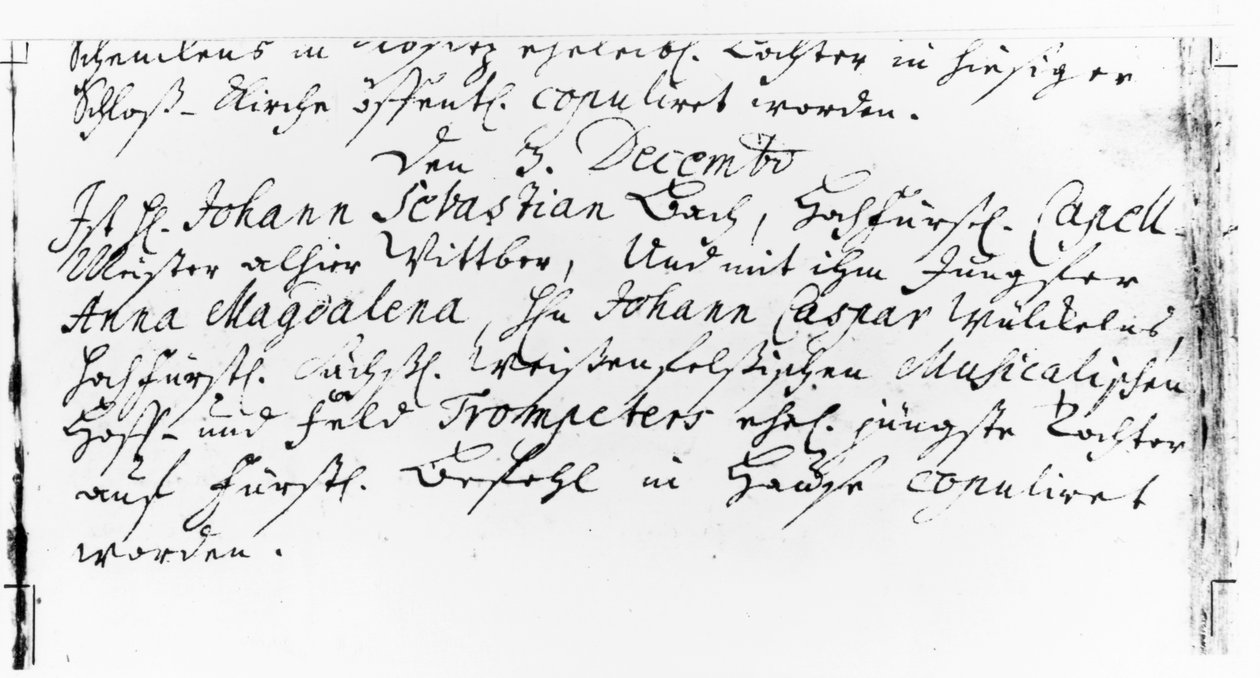 Zápis z Bachovy svatby s Annou Magdalenou Wickeln na faře kostela Jacobskirche v Koethenu, 3. prosince 1721 (pero a tuš na papíře) od German School