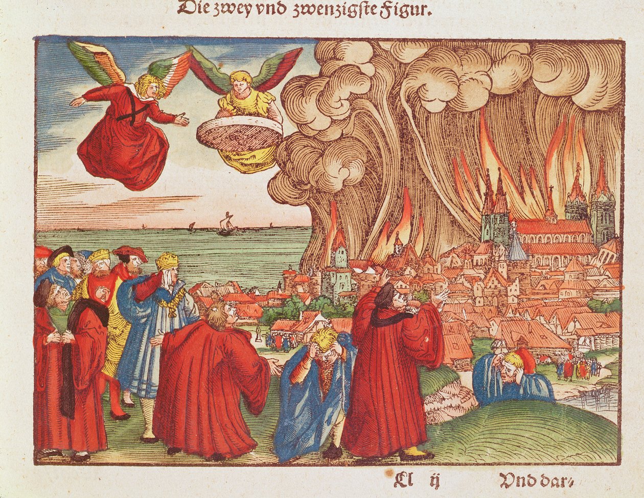 Zjevení 18: Spálení Babylonu, 1. vydání, z Lutherovy bible, kolem roku 1530 (barevný dřevoryt) od German School