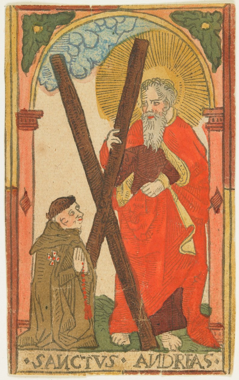 Svatý Ondřej s mnichem (Elsass), cca 1500 (ručně kolorovaný dřevoryt) od German School
