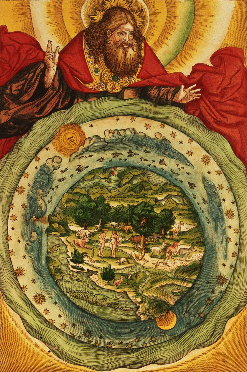 Stvoření, z Lutherovy bible, kolem roku 1530 (barevný dřevoryt) od German School